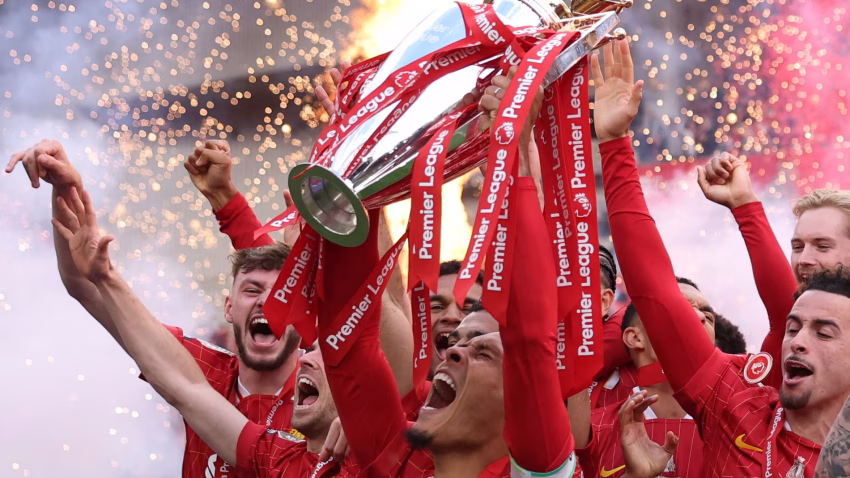 Liverpool presented with Premier League Trophy after final game at Anfield for the season.
