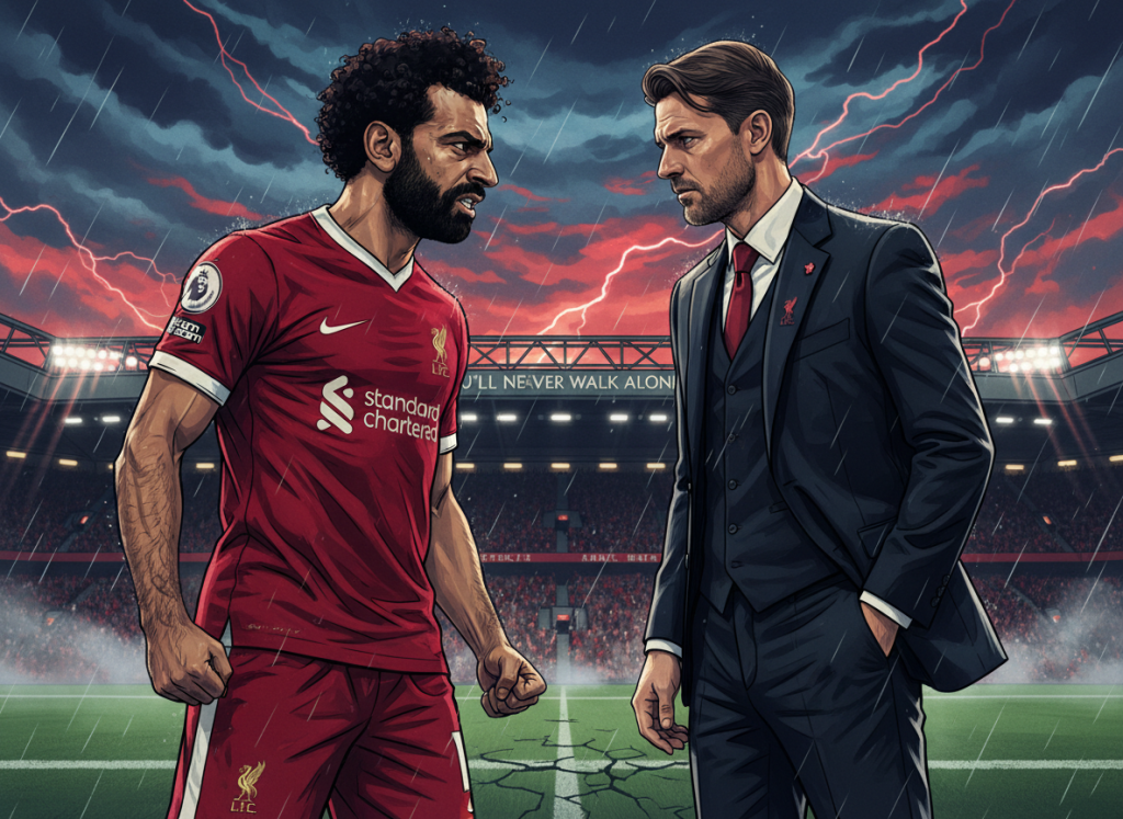 Dramatic Image Of Mohamed Salah And Arne Slot Facing Off In A Tense Standoff At Anfield, With Powerful Lighting And Stormy Skies To Capture The Intensity Of Their Conflict. 