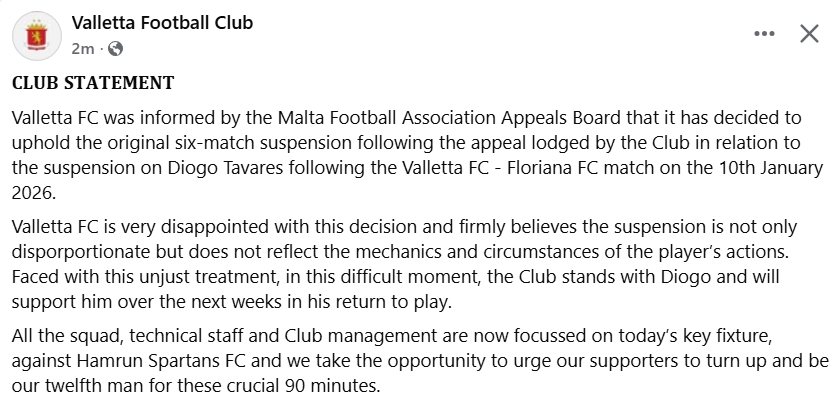 Valletta Fc Disappointed As Tavares Suspension Appeal Rejected | Maltasport.mt